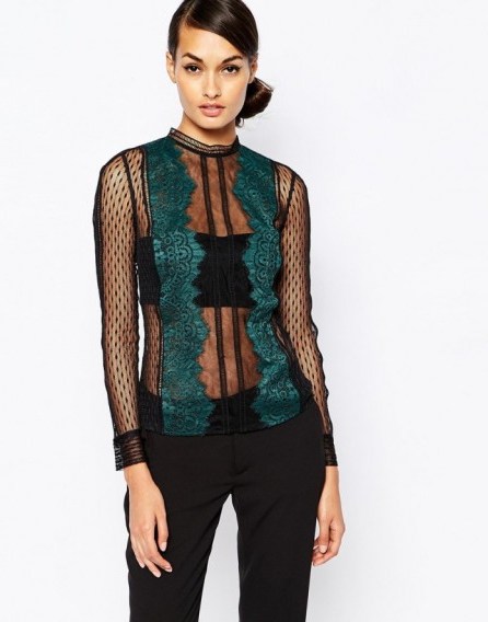 Self Portrait Lace Trimmed Shell Top in black / dark green. Womens designer tops | semi sheer blouses | high neck - flipped