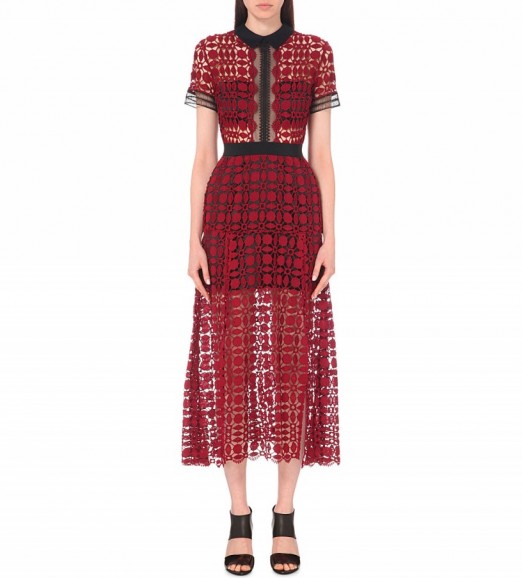 SELF-PORTRAIT Embroidered lace dress burgundy – as worn by Olivia Palermo in a photoshoot for Holt Renfrew October 2015. Celebrity fashion | star style | designer dresses | what celebrities wear