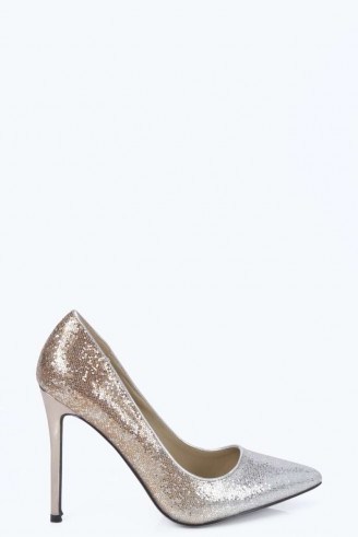 boohoo Sienna Ombre Glitter Pointed Court Heels gold. Party shoes ~ high heeled courts ~ stiletto heel pumps ~ evening footwear ~ going out accessories - flipped