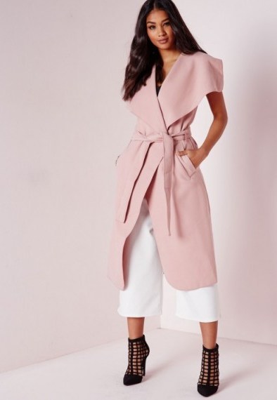 Affordable luxe ~ Missguided sleeveless belted waterfall coat mauve. Luxury looking coats ~ on-trend outerwear - flipped