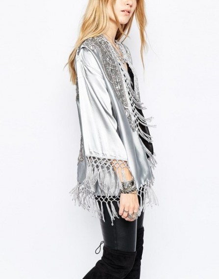 Spritual Hippie Longline Kimono With Tassel Detail & Embellishment in silver. Embellished kimonos | fringed tops | womens lightweight over jackets | boho style fashion - flipped
