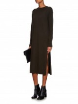 HELMUT LANG Split-hem cashmere-knit dress in olive green. Designer knitted dresses | luxury knitwear | winter fashion