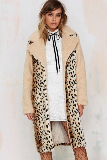 Spot Twist Shearling Coat. Animal print coats – winter outerwear – warm fashion – leopard prints - flipped