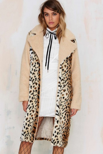 Spot Twist Shearling Coat. Animal print coats – winter outerwear – warm fashion – leopard prints