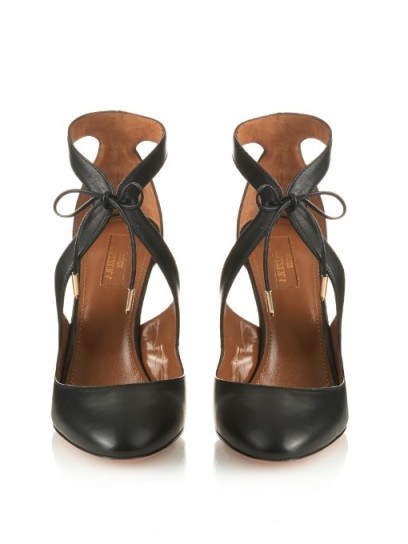 AQUAZZURA Stella leather pumps black. Designer shoes – high heels – front lace ties - flipped