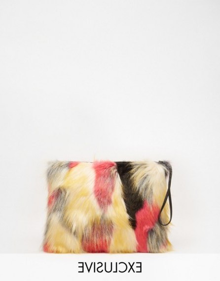 Luxe style accessories…Story of Lola Faux Fur Clutch Bag in Multi Coloured Patchwork. Luxury looks ~ fluffy bags ~ fashion handbags - flipped
