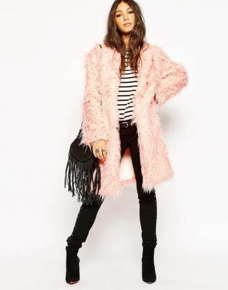 Story Of Lola Midi Length Faux Fur Coat In Shaggy Long Hair Fur. pink fluffy coats – winter fashion – warm outerwear - flipped