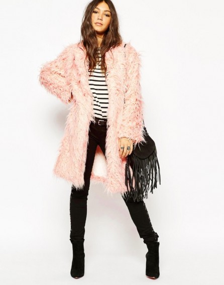 Story Of Lola Midi Length Faux Fur Coat In Shaggy Long Hair Fur. pink fluffy coats – winter fashion – warm outerwear