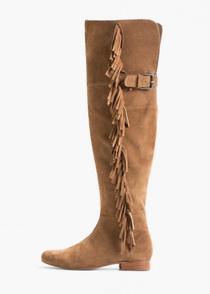 MANGO brown suede over the knee boots. Autumn / winter fashion – womens fringed footwear – low heeled - flipped