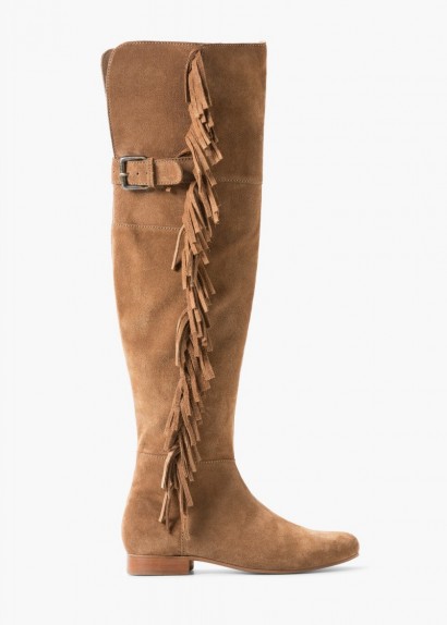 MANGO brown suede over the knee boots. Autumn / winter fashion – womens fringed footwear – low heeled