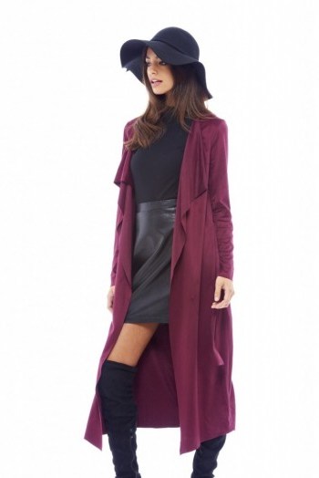 AX Paris suede waterfall jacket in wine. Autumn coats faux suede fashion – longline jackets - flipped