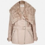 River Island Taupe leather-look belted faux-fur coat. Winter coats / warm jackets