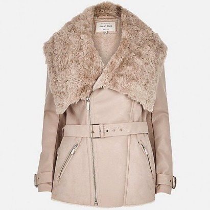 River Island Taupe leather-look belted faux-fur coat. Winter coats / warm jackets - flipped