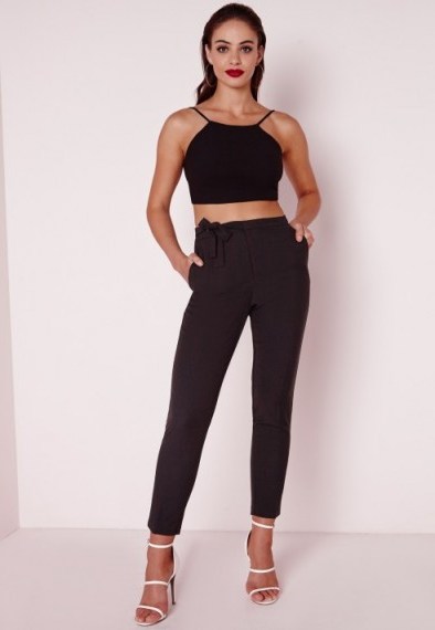 Missguided tie belt crepe high waist trousers in black. Tailored evening pants | womens fashion - flipped