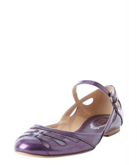 TOD’S Purple Leather Strappy Mary Jane Strap Flats. Mary Janes ~ womens flat shoes ~ metallic patent leather - flipped
