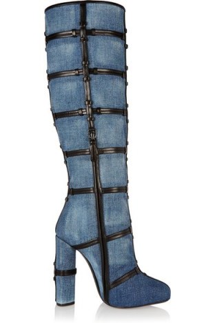 Patchwork denim and leather knee boots – as worn by Kylie Jenner out in Calabasas, California, 30 October 2015. Celebrity fashion | star style | designer knee high boots | what celebrities wear - flipped