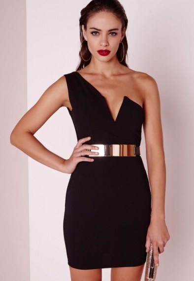Missguided V plunge one sleeve bodycon dress in black. Evening glamour ~ party dresses ~ going out fashion - flipped