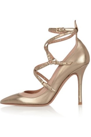 VALENTINO Love Latch eyelet-embellished metallic leather pumps. Designer footwear | luxe high heels | strappy stiletto heeled shoes | pointy toe - flipped