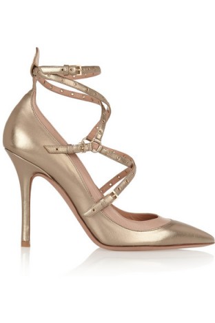 VALENTINO Love Latch eyelet-embellished metallic leather pumps. Designer footwear | luxe high heels | strappy stiletto heeled shoes | pointy toe