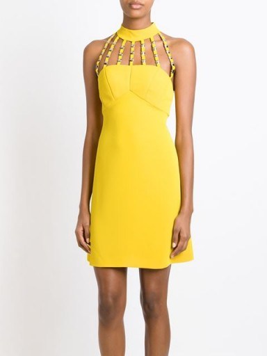 VERSACE COLLECTION neck strap detail dress in yellow. Designer dresses | luxury fashion - flipped