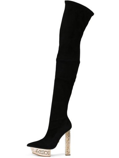 VERSACE stylised platform thigh-high boots in black – as worn by Demi Lovato performing on Saturday Night Live, 17 October 2015. Celebrity fashion | designer footwear | star style | what celebrities wear | high heeled boots | platforms - flipped