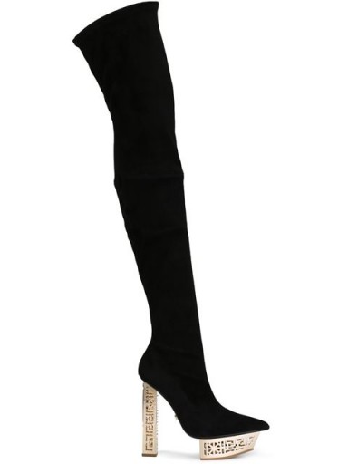 VERSACE stylised platform thigh-high boots in black – as worn by Demi Lovato performing on Saturday Night Live, 17 October 2015. Celebrity fashion | designer footwear | star style | what celebrities wear | high heeled boots | platforms