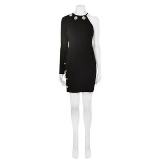 Versus Versace Asymmetric Medallion One Shoulder Dress in black. Designer dresses | occasion fashion | evening wear | LBD - flipped