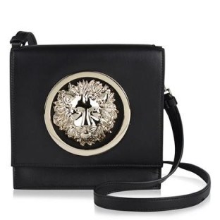 Versus Versace Lion Head Decorated Shoulder Bag in black. Designer handbags | embellished bags - flipped