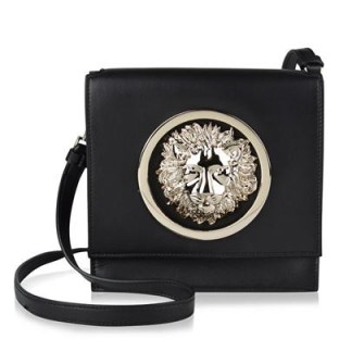 Versus Versace Lion Head Decorated Shoulder Bag in black. Designer handbags | embellished bags