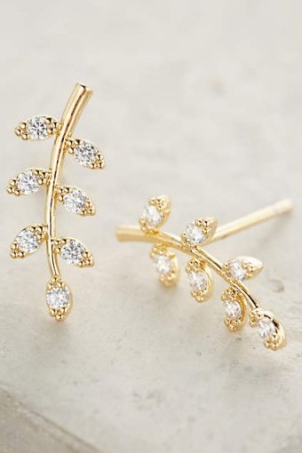 Luxe style fashion jewellery ~ ANTHRPOLOGIE vineyard posts. Luxury looking stud earrings ~ cubic zirconia leaves - flipped