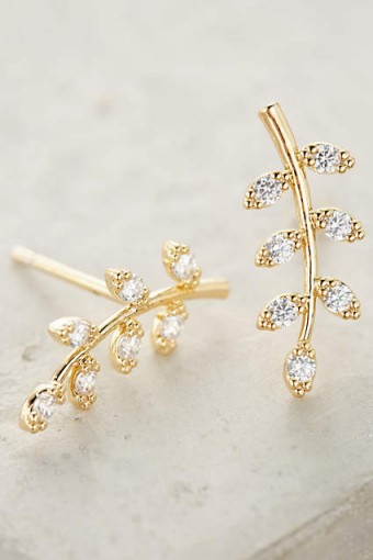 Luxe style fashion jewellery ~ ANTHRPOLOGIE vineyard posts. Luxury looking stud earrings ~ cubic zirconia leaves