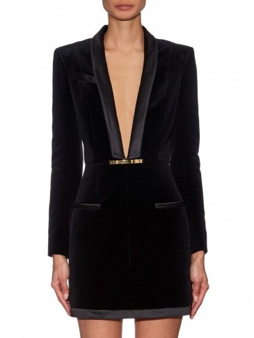 BALMAIN V-neck velvet dress black ~ designer dresses ~ luxury fashion - flipped
