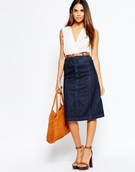 Warehouse Midi A Line Skirt. Denim skirts | 70s style fashion | dark blue denim - flipped