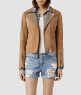 AllSaints – Suede Frame Biker Jacket in sand/taupe/indigo – as worn by Bella Thorne out and about in Vancouver, Canada, 23 October 2015. Celebrity fashion | star style jackets | what celebrities wear