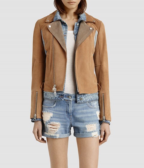 AllSaints – Suede Frame Biker Jacket in sand/taupe/indigo – as worn by Bella Thorne out and about in Vancouver, Canada, 23 October 2015. Celebrity fashion | star style jackets | what celebrities wear - flipped