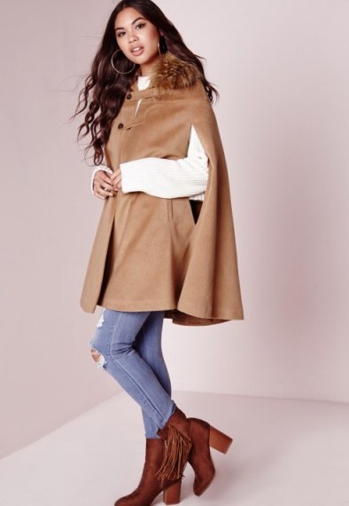 Love this chic style cape…Missguided wool cape with fur collar tan – winter capes – on-trend outerwear – warm fashion - flipped