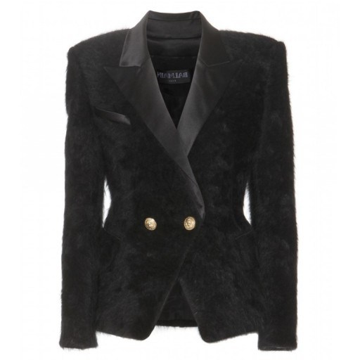 BALMAIN Wool-blend jacket black ~ structured designer jackets ~ tailored fashion ~ womens blazers ~ fluffy texure - flipped