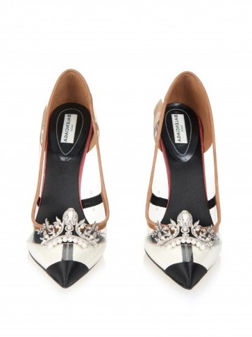 BALENCIAGA X-ray embellished Plexi-heel pumps. Designer high heels / embellished courts / transparent court shoes / luxury footwear - flipped