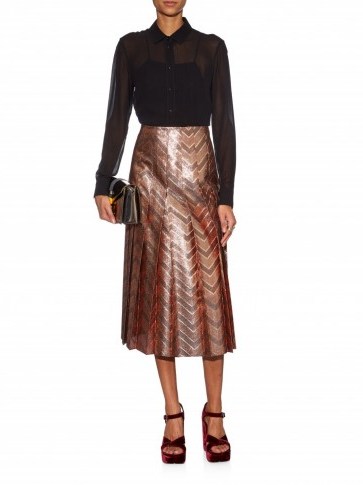 GUCCI Zigzag woven pleated silk-blend skirt – metallic midi skirts – bronze metallics - flipped
