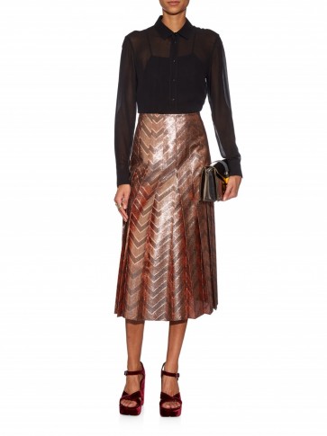 GUCCI Zigzag woven pleated silk-blend skirt – metallic midi skirts – bronze metallics