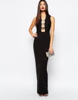 AQAQ Climax Column Maxi Dress With Metal Plunge Front in black. Long evening dresses ~ plunging party fashion | low cut necklines