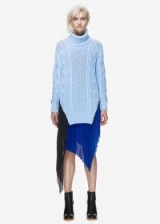 Self Portrait Aran turtleneck sweater. Womens knitwear | knitted winter fashion | long length | pale blue designer sweaters | longline | high neck jumpers