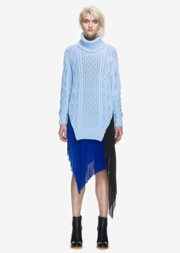 Self Portrait Aran turtleneck sweater. Womens knitwear | knitted winter fashion | long length | pale blue designer sweaters | longline | high neck jumpers - flipped