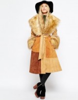 ASOS Coat in Suede with Faux Fur Collar tan – 70s style fashion – boho coats – winter outerwear