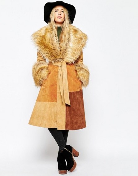 ASOS Coat in Suede with Faux Fur Collar tan – 70s style fashion – boho coats – winter outerwear - flipped
