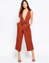 ASOS Plunge Jumpsuit with Midi Leg in burnt orange. Plunging necklines | party fashion | evening jumpsuits | deep V-neckline | low cut | going out