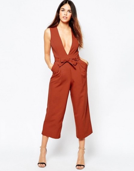 ASOS Plunge Jumpsuit with Midi Leg in burnt orange. Plunging necklines | party fashion | evening jumpsuits | deep V-neckline | low cut | going out - flipped