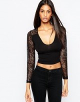 ASOS Plunge Neck Crop Top With Lace Detail black. Cropped tops | low necklines | plunging neckline | sheer sleeves