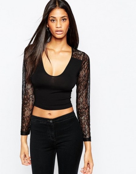 ASOS Plunge Neck Crop Top With Lace Detail black. Cropped tops | low necklines | plunging neckline | sheer sleeves - flipped