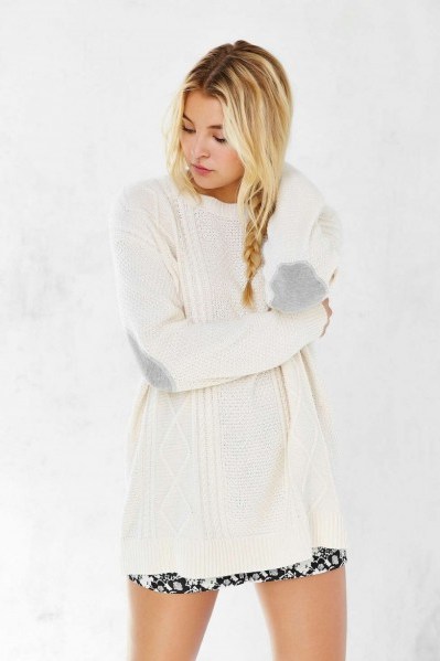 BDG Elbow Patch Sweater in Ivory. Oversized sweaters | knitted fashion | cable knit jumpers | knitwear | weekend style - flipped